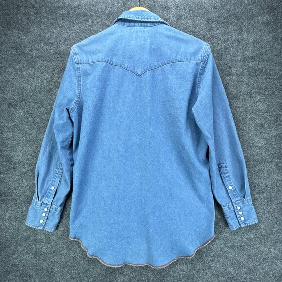 Wrangler Pearl Snap Denim Shirt Mens Medium Blue Western Cowboy Rodeo Raw Hem - Picture 4 of 16